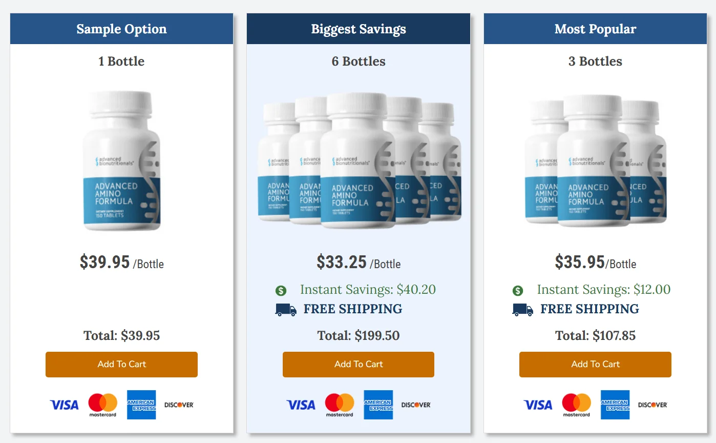 Advanced Amino Formula bulk pricing: order 3 or 6 bottles and get free shipping