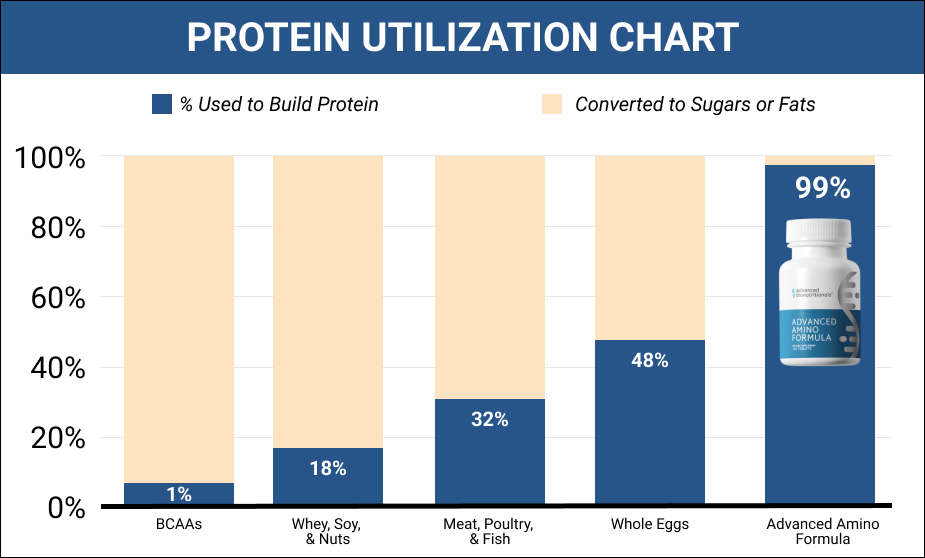 Protein utilization chart comparing BCAAs, whey, meat, eggs, and Advanced Amino Formula